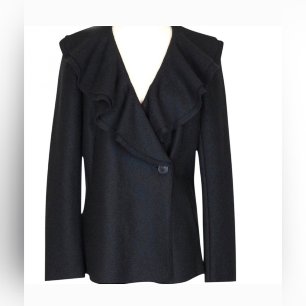 Lafayette 148 Black Wool Ruffle Waterfall Collar One Button Jacket Coat Size 0